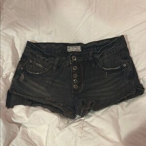 Free People-Distressed Black Denim Shorts